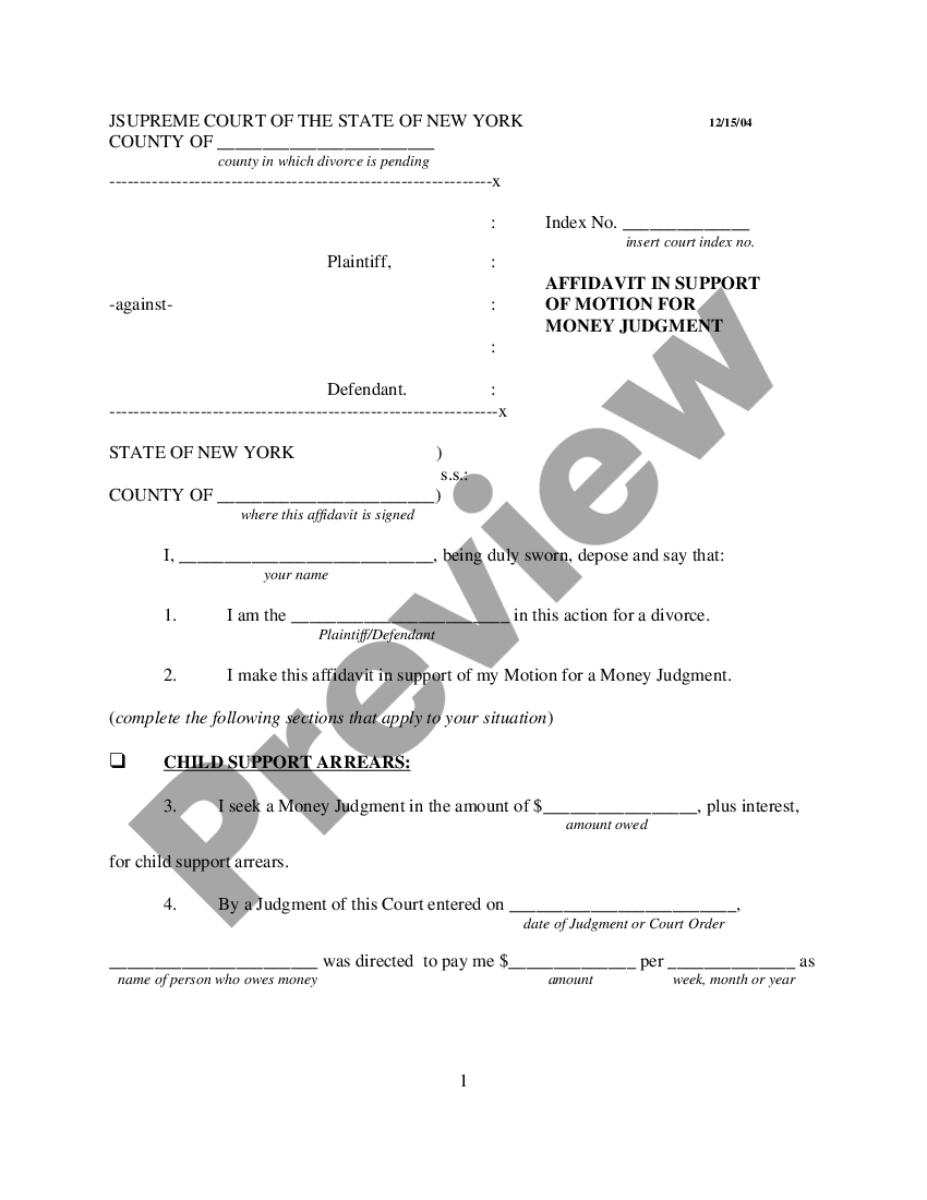 New York Affidavit in Support of Motion for Money Judgment US Legal Forms