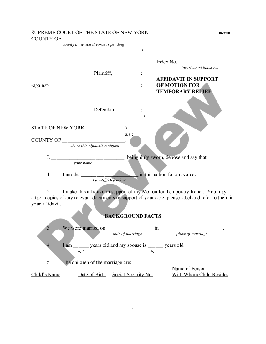 New York Affidavit in Support of Motion for Temporary Relief | US Legal ...