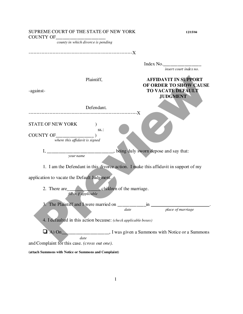 Rochester New York Affidavit In Support Of Order To Show Cause To Vacate Default Judgment