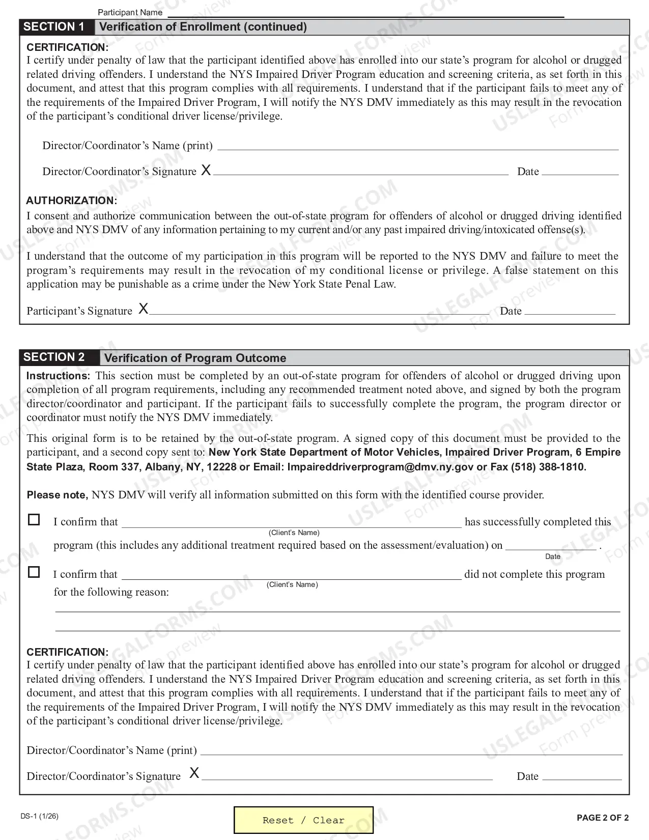 Preview Out-of-State Impaired Driver Program Enrollment and Status Form