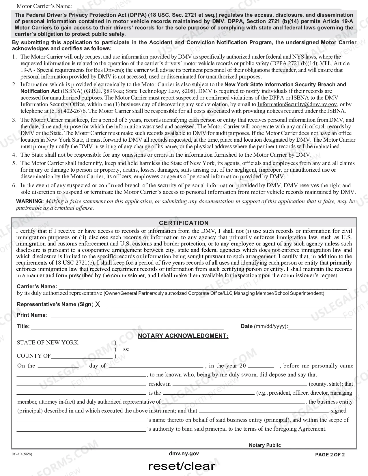 Preview Article 19-A Motor Carrier Accident and Conviction Notification Program Application (Escrow Account & Driver's Privacy Protection Act Compliance)