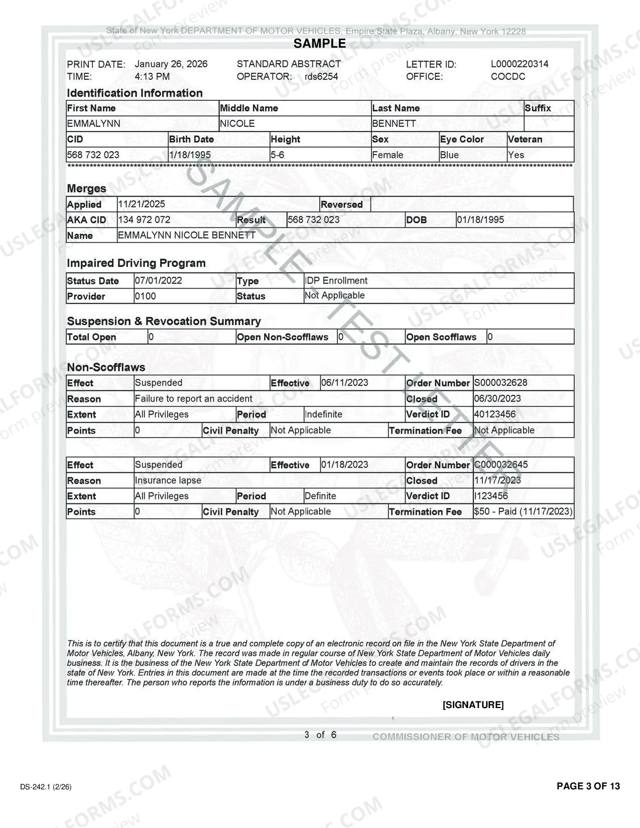 Preview Abstract of Driving Record