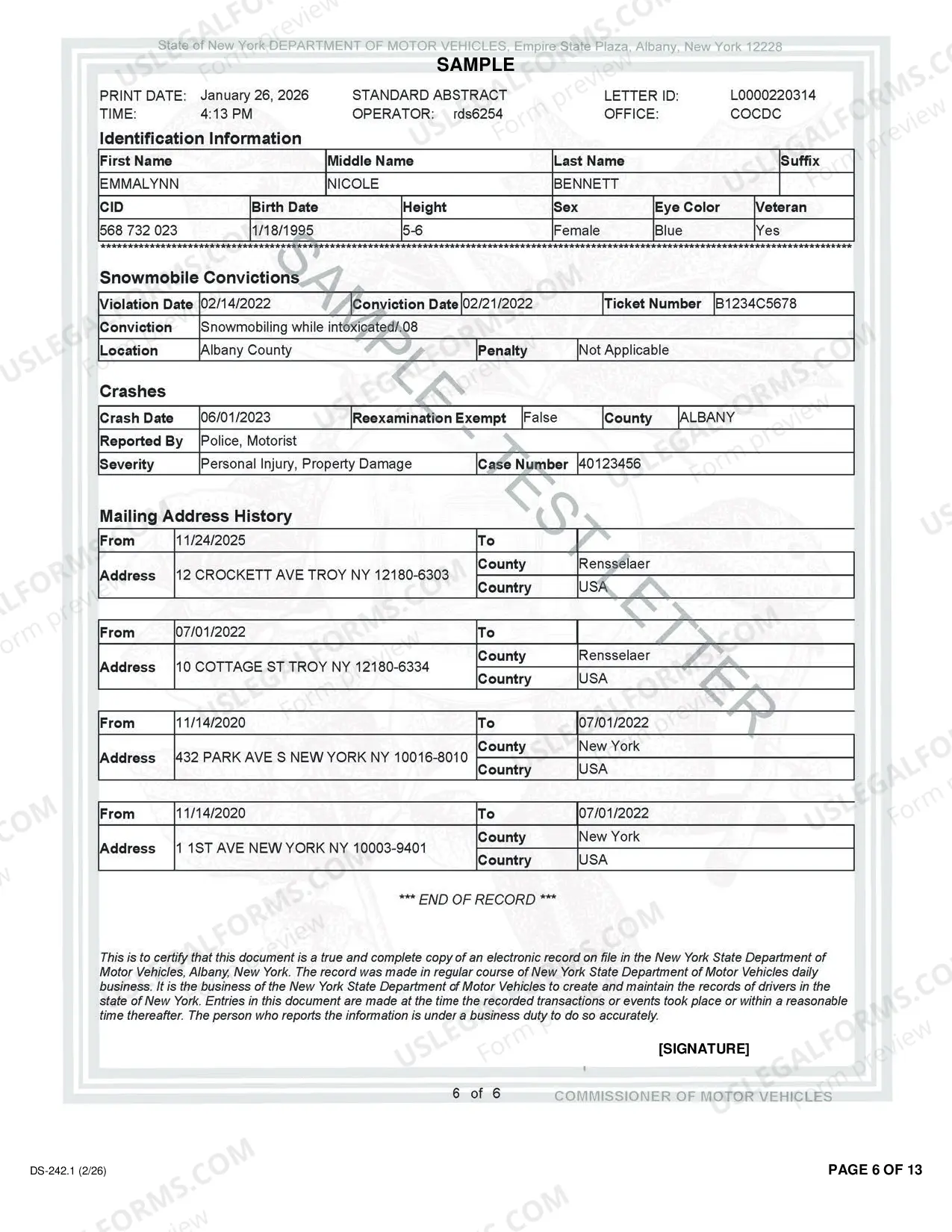Preview Abstract of Driving Record