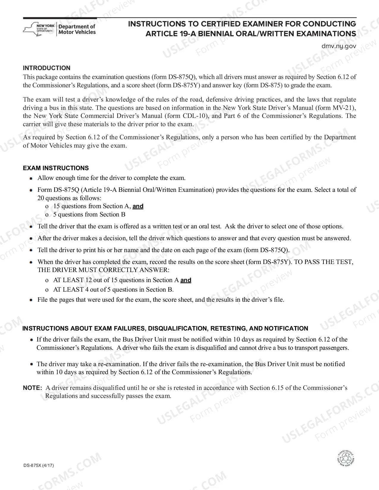 Preview Instructions to Certified Examiner for Conducting Article 19-A Biennial Examinations