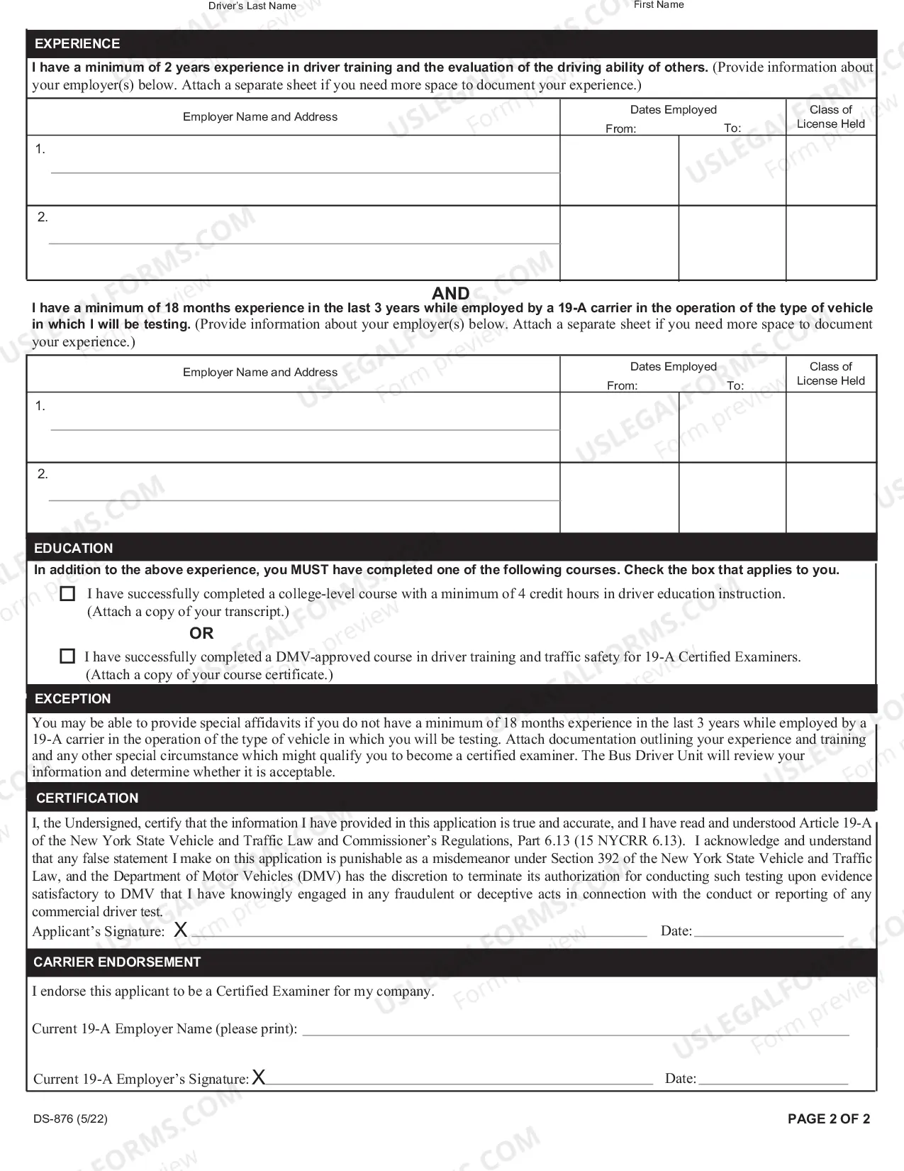 Preview Application for Article 19-A Certified Examiner