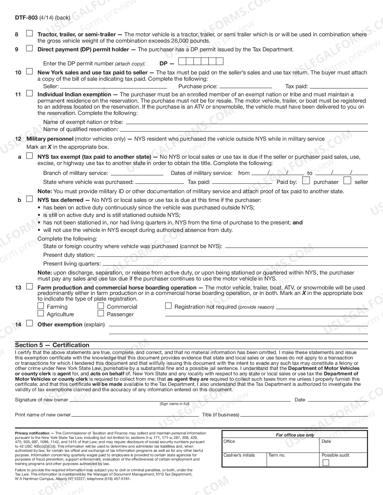 Preview Claim For Sales And Use Tax Exemption - Title-Registration (Motor Vehicle Trailer ATV Vessel [Boat] Snowmobile)