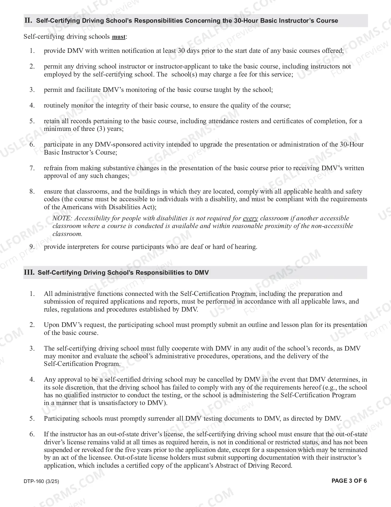 Preview Driving School Application for Self-Certification Program