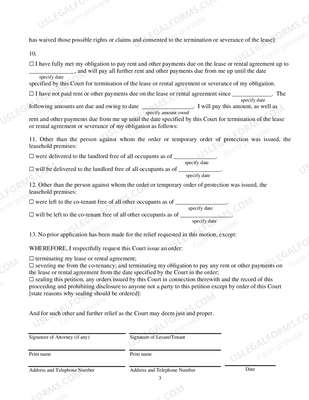 Preview Application For Order To Terminate Or Sever Lease Or Rental Agreement