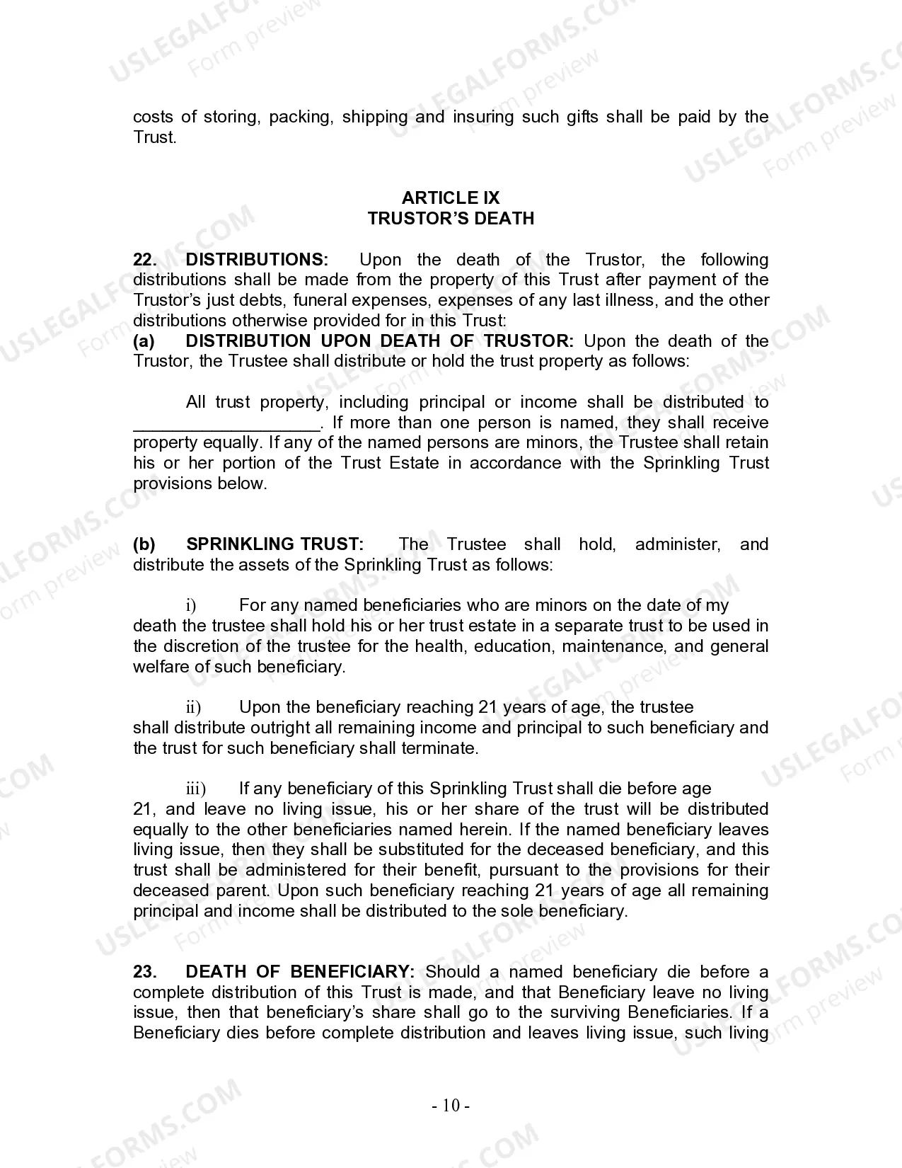 Preview Living Trust for Individual Who is Single, Divorced or Widow or Widower with No Children