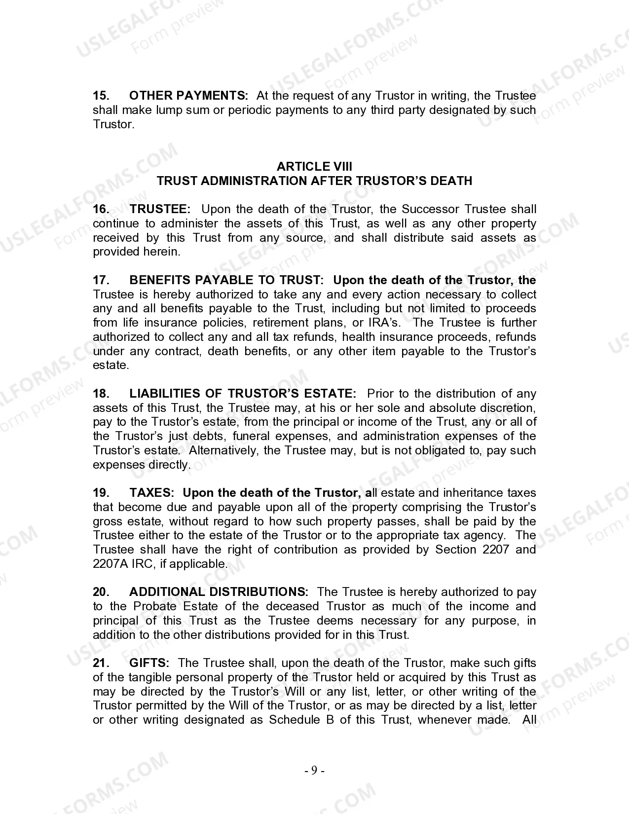 Preview Living Trust for Individual Who is Single, Divorced or Widow or Widower with No Children