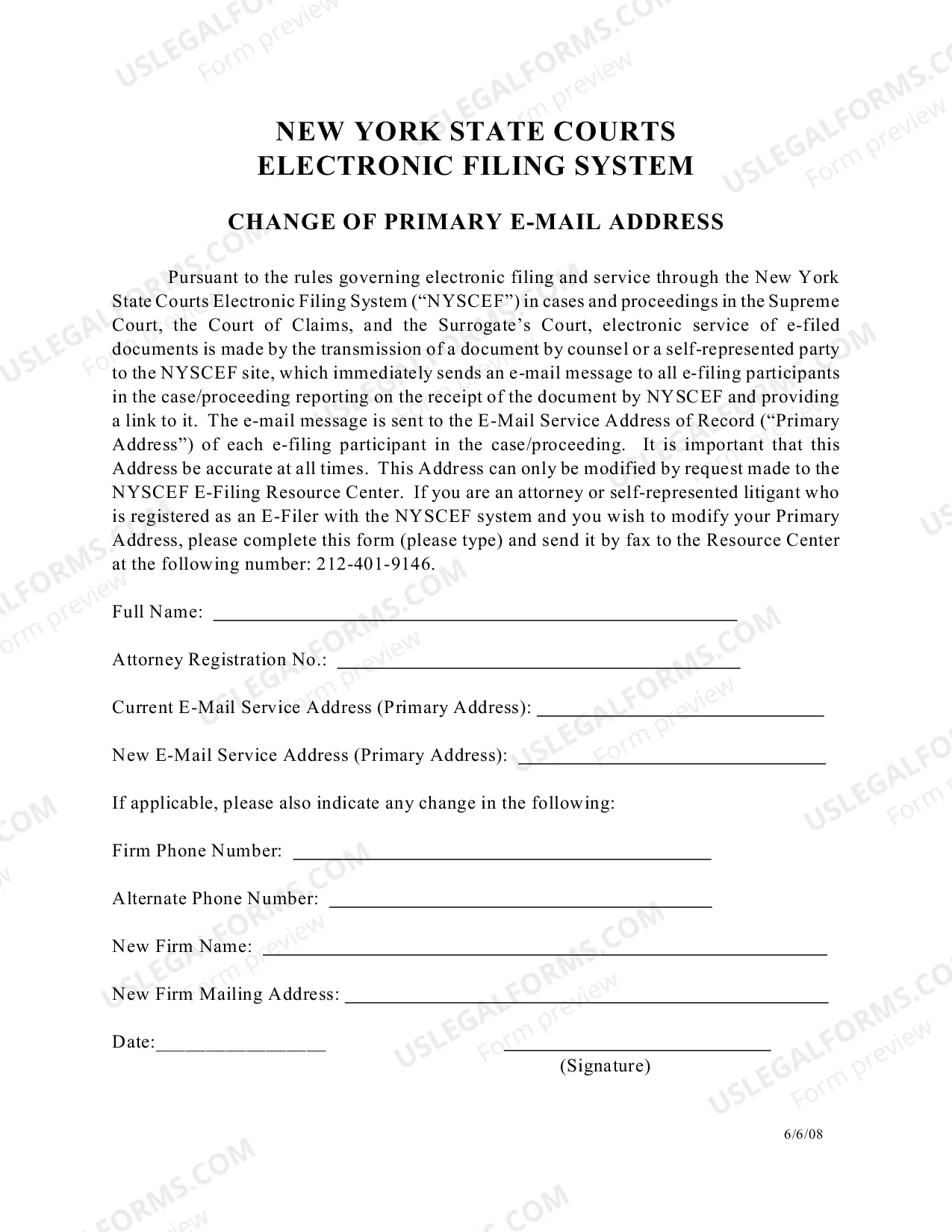 Preview Change of E-mail Service Address Request Form