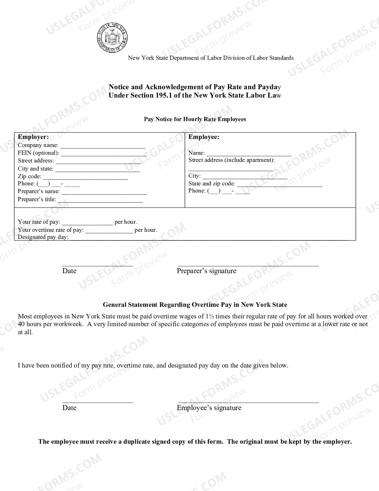 New York Pay Notice for Hourly Rate Employees Rate Employees US