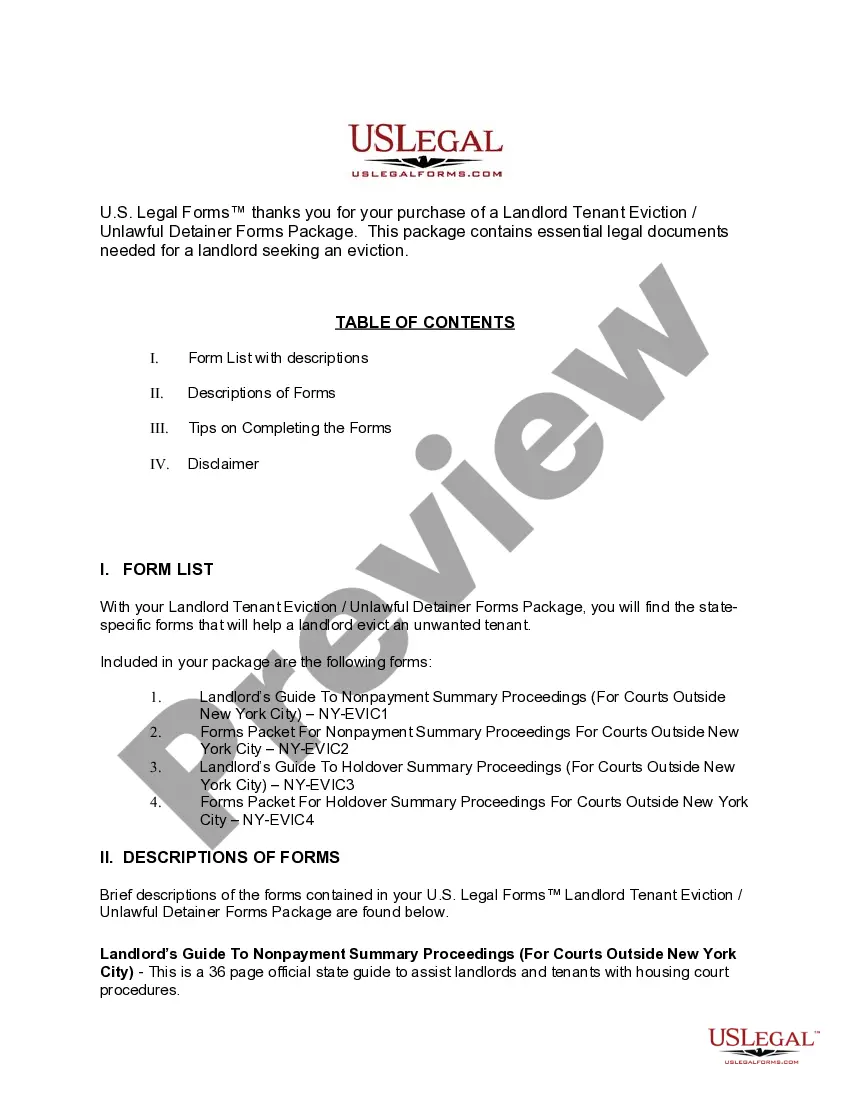 Get New York - Outside New York City - Landlord Tenant Eviction / Unlawful Detainer Forms Package Preview New York - Outside New York City - Landlord Tenant Eviction / Unlawful Detainer Forms Package