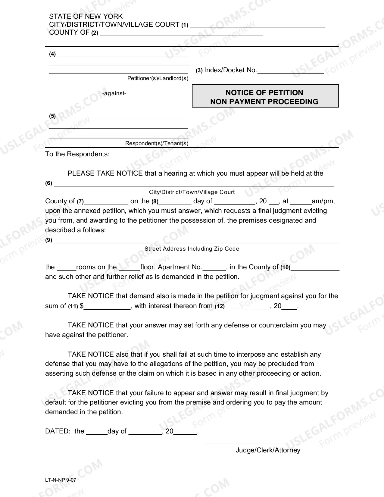 Preview Eviction Forms Packet For Nonpayment Summary Proceedings For Courts Outside New York City