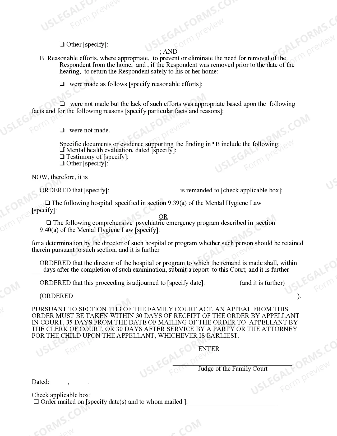 Preview Order Directing Emergency Evaluation - Mental Hygiene Law section 943