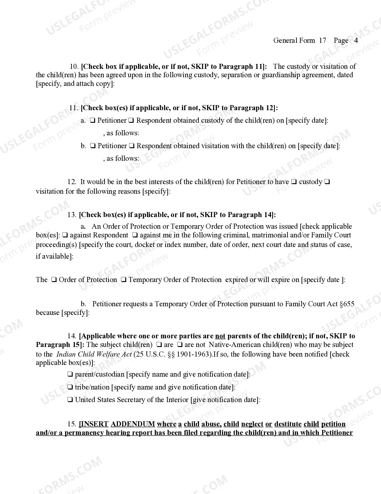 Preview Petition (For Custody And Or Visitation)