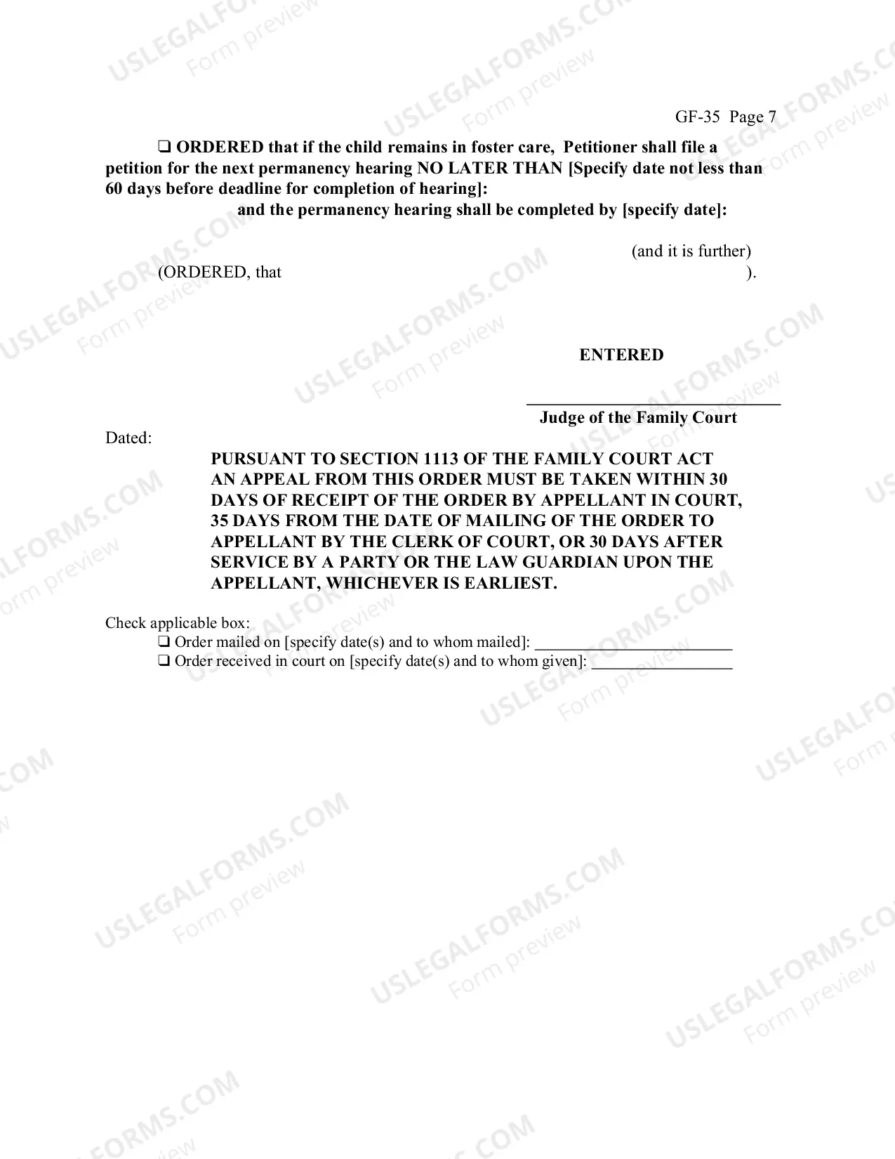 Preview Permanency Hearing Order