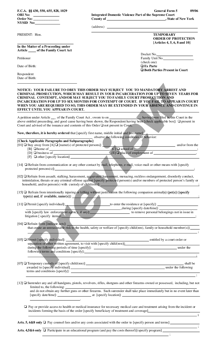 New York Temporary Order of Protection - Temporary Order Of Protection ...