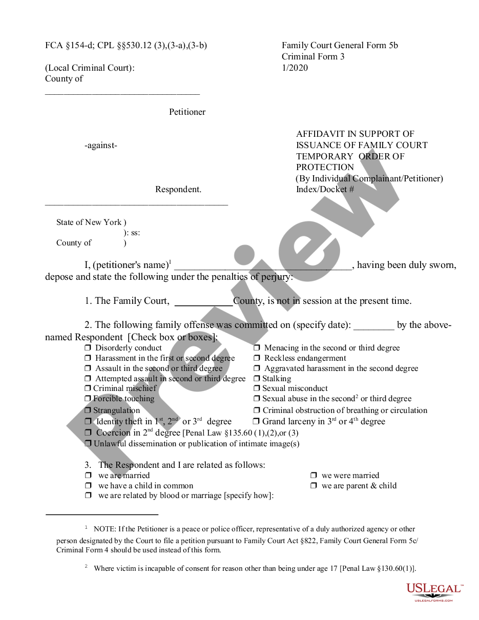 Queens New York Affidavit in Support of Issuance of Family Court