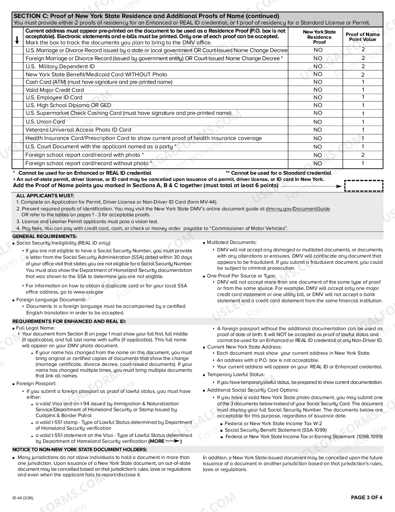 Preview Proofs of Identity for Standard Learner Permit, Driver License, and Non-Driver ID Card