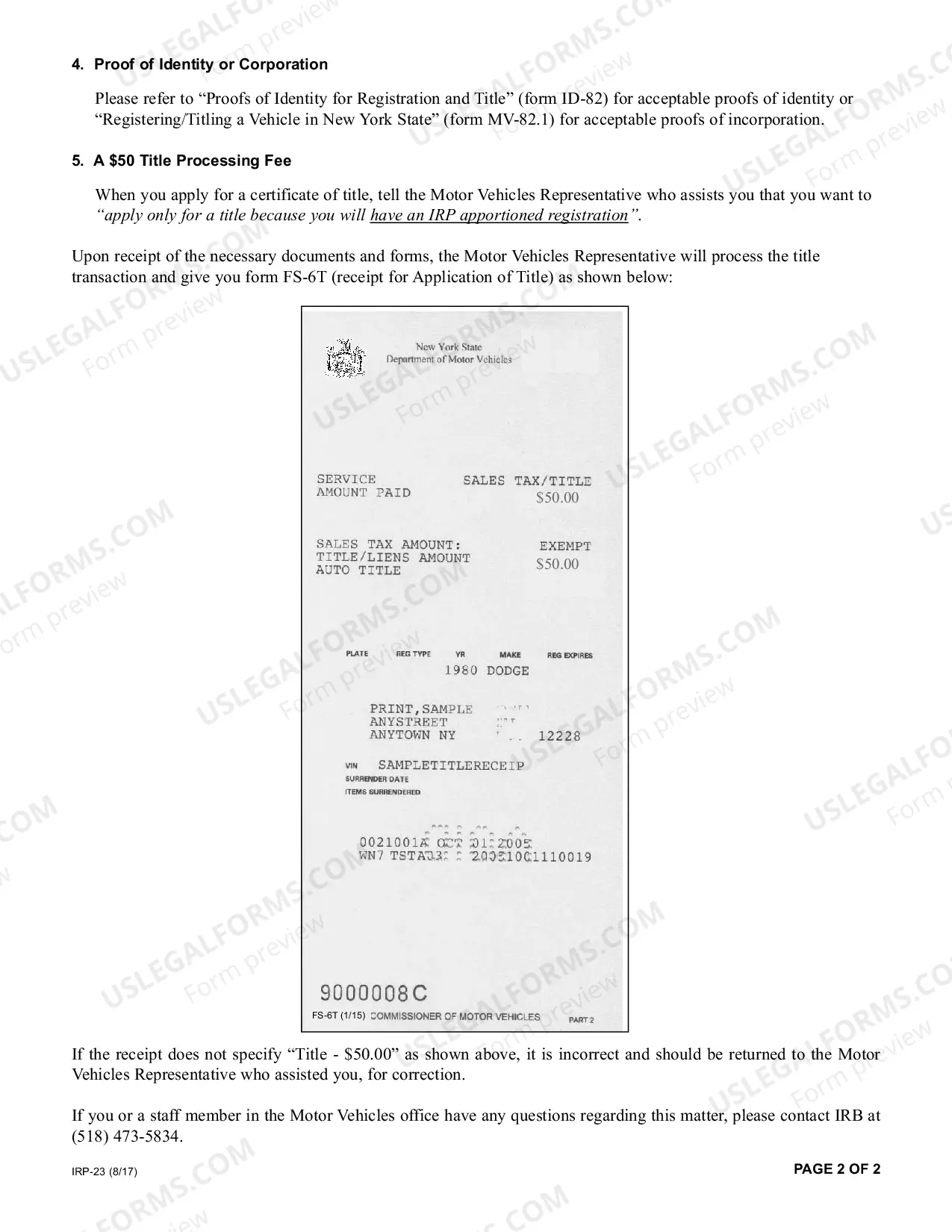 Preview Instructions for Obtaining a Receipt for a Certificate of Title (Form FS-6T)