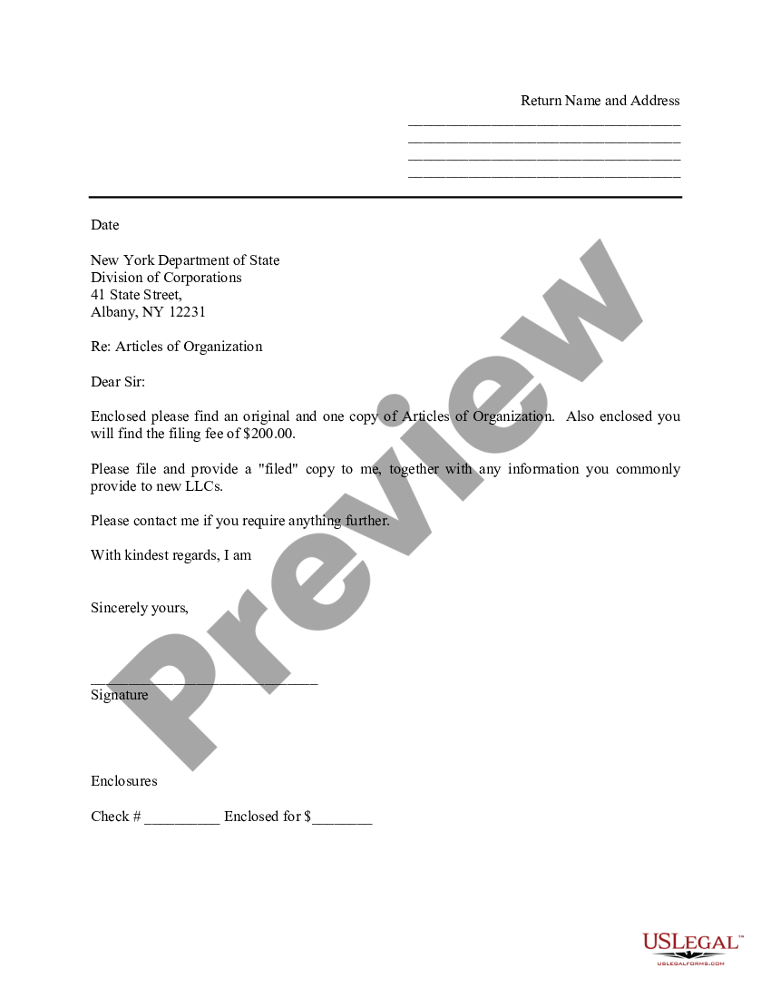 New York Sample Cover Letter for Filing of LLC Articles or Certificate ...