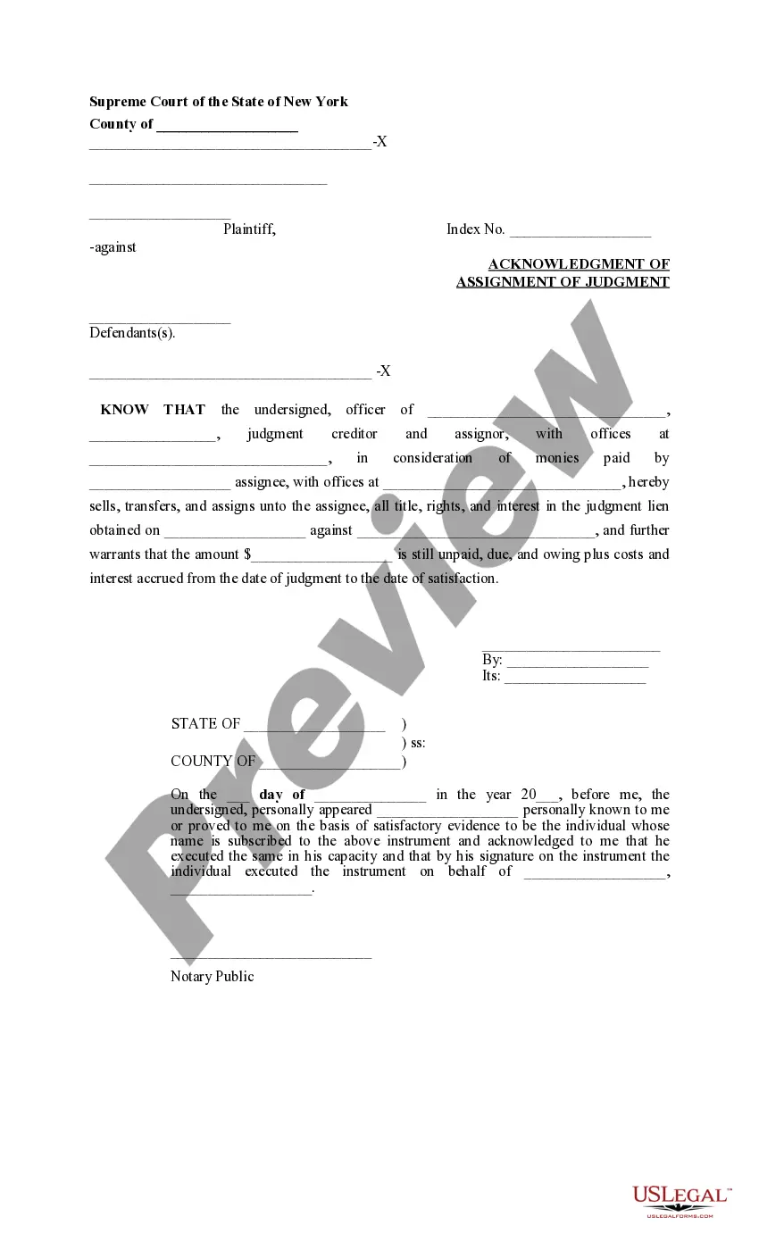 Preview Acknowledgment of Assignment of Judgment