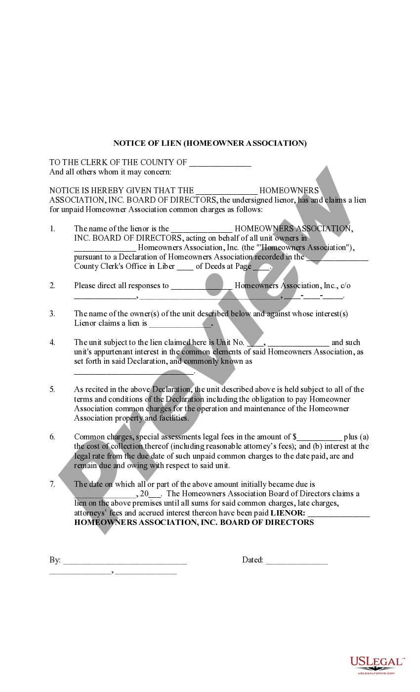 Nassau New York Notice of Lien from Homeowner Association Lien