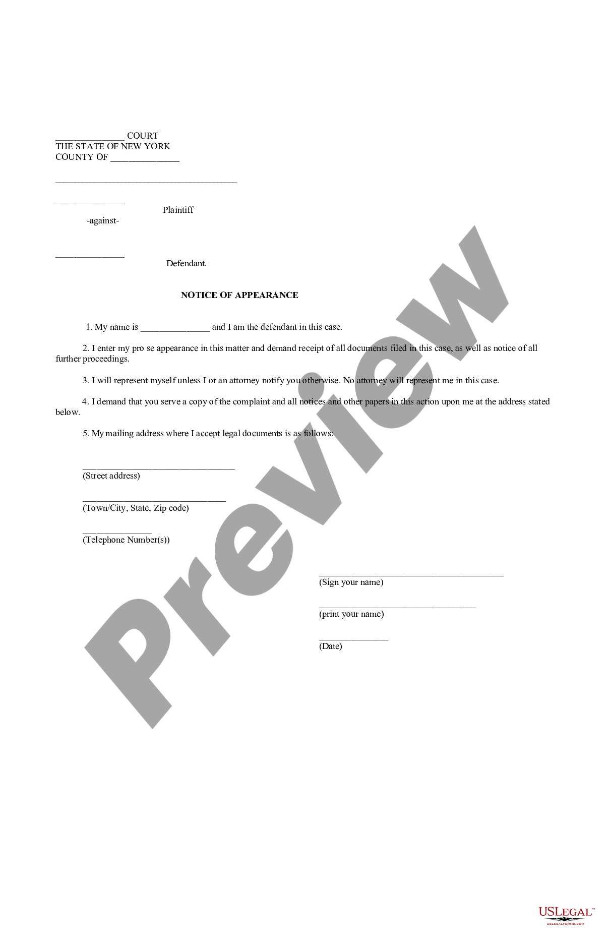 New York Notice Of Appearance Notice Of Appearance Us Legal Forms 3048