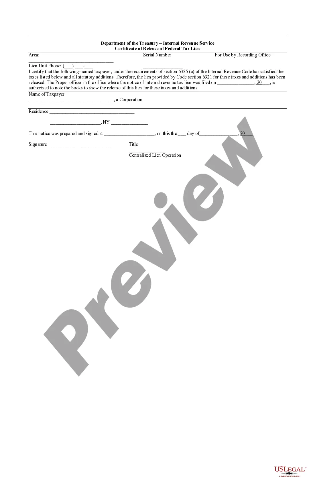 Preview Certificate of Release of Federal Tax Lien
