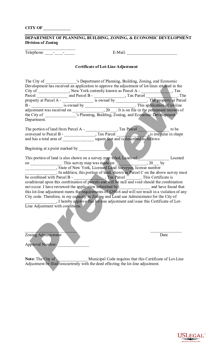 New York Certificate of Lot Line Adjustment - Lot Line | US Legal Forms