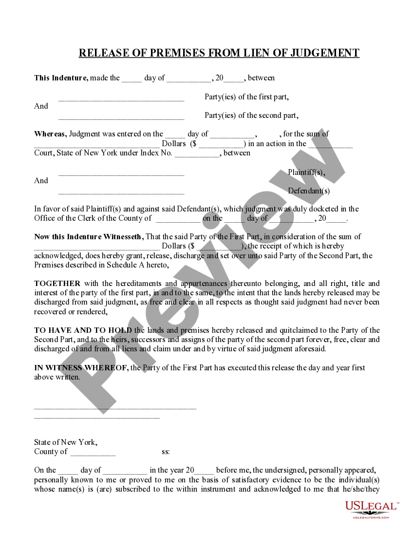 New York Release of Premises from Lien of Judgment US Legal Forms