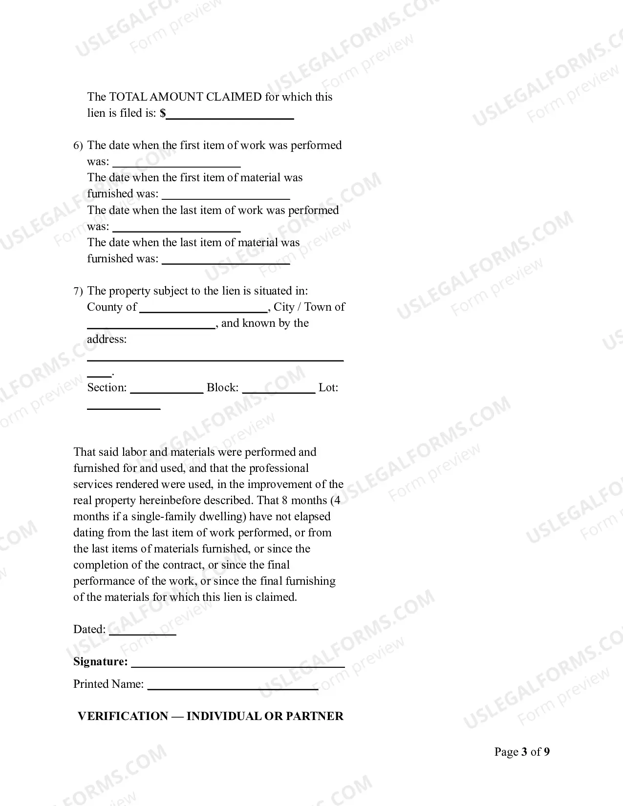 Preview Notice of Mechanic's Lien