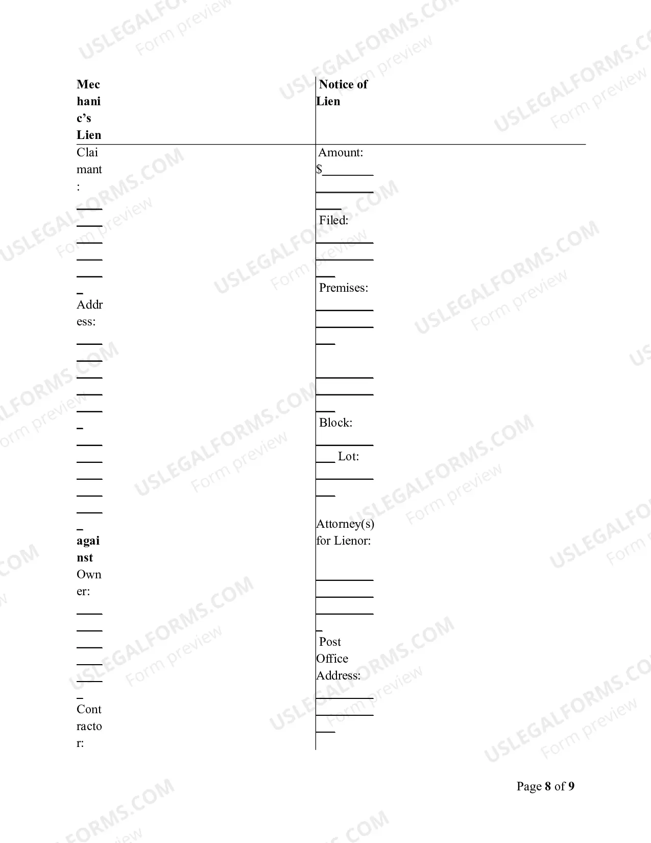 Preview Notice of Mechanic's Lien