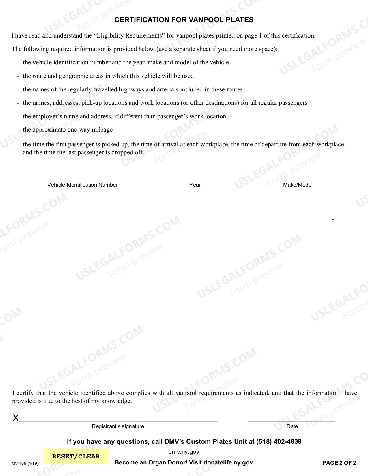 Preview Information and Certification for Vanpool Plates