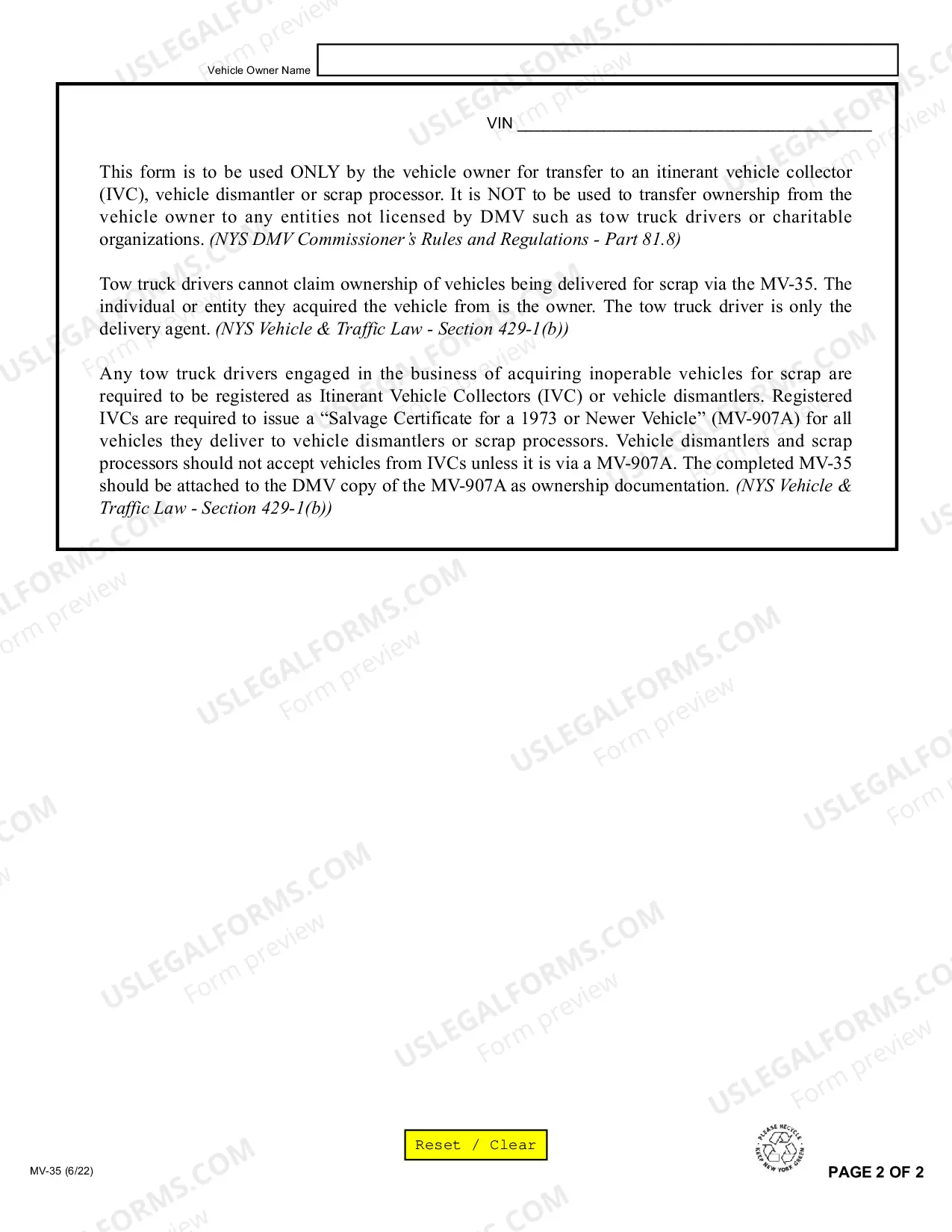 Preview Statement of Vehicle Owner Not Possessing a Valid Title
