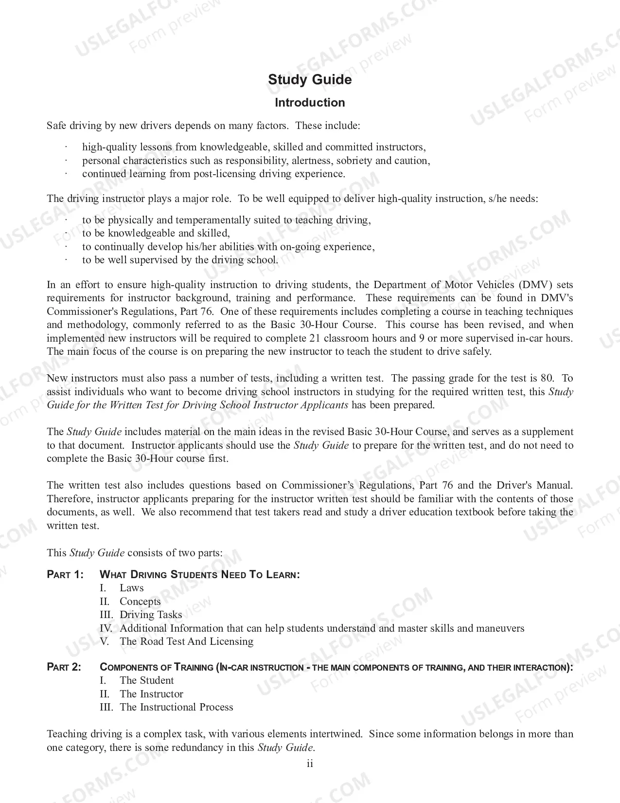Preview Study Guide for the Written Test for Driving School Instructor Applicants