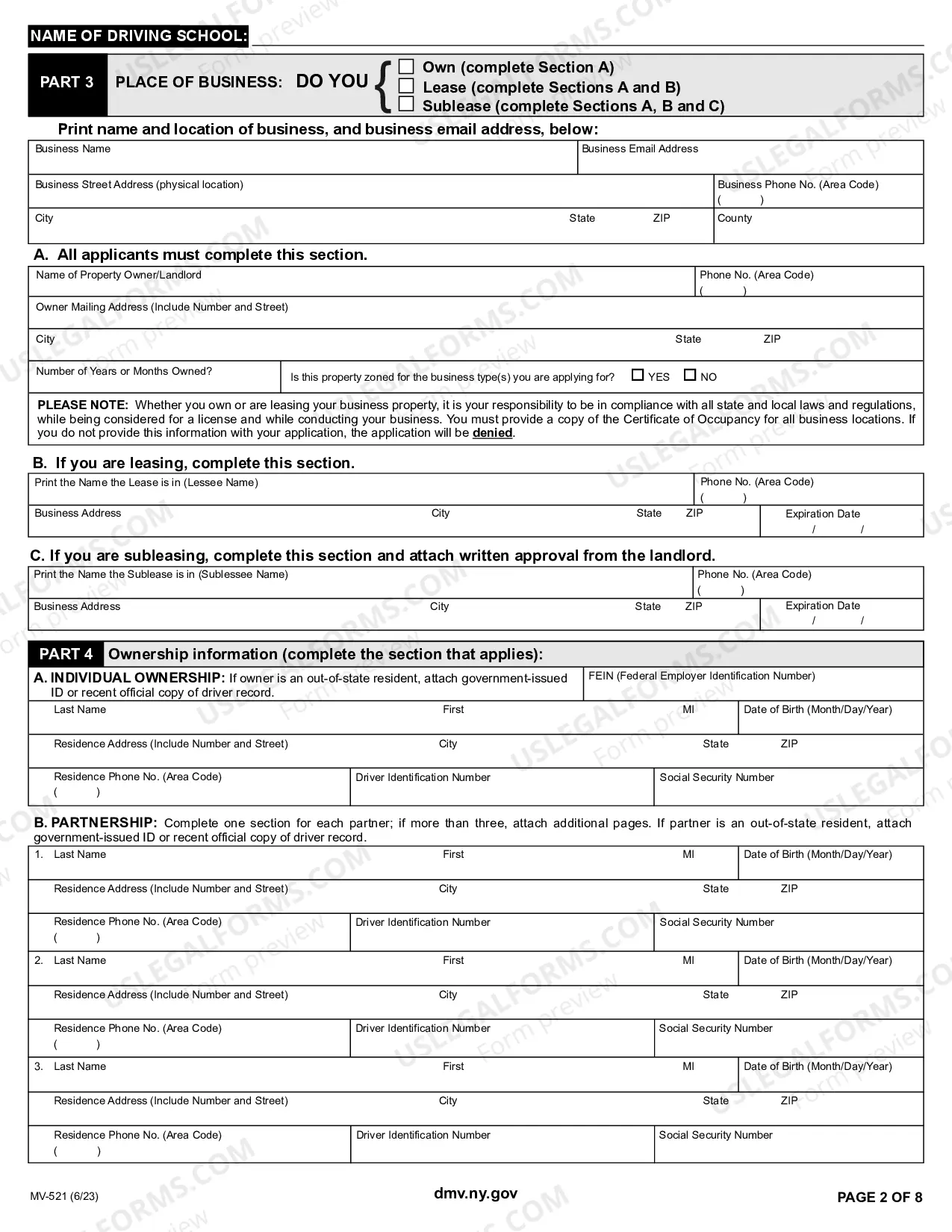 Preview Driving School License Application