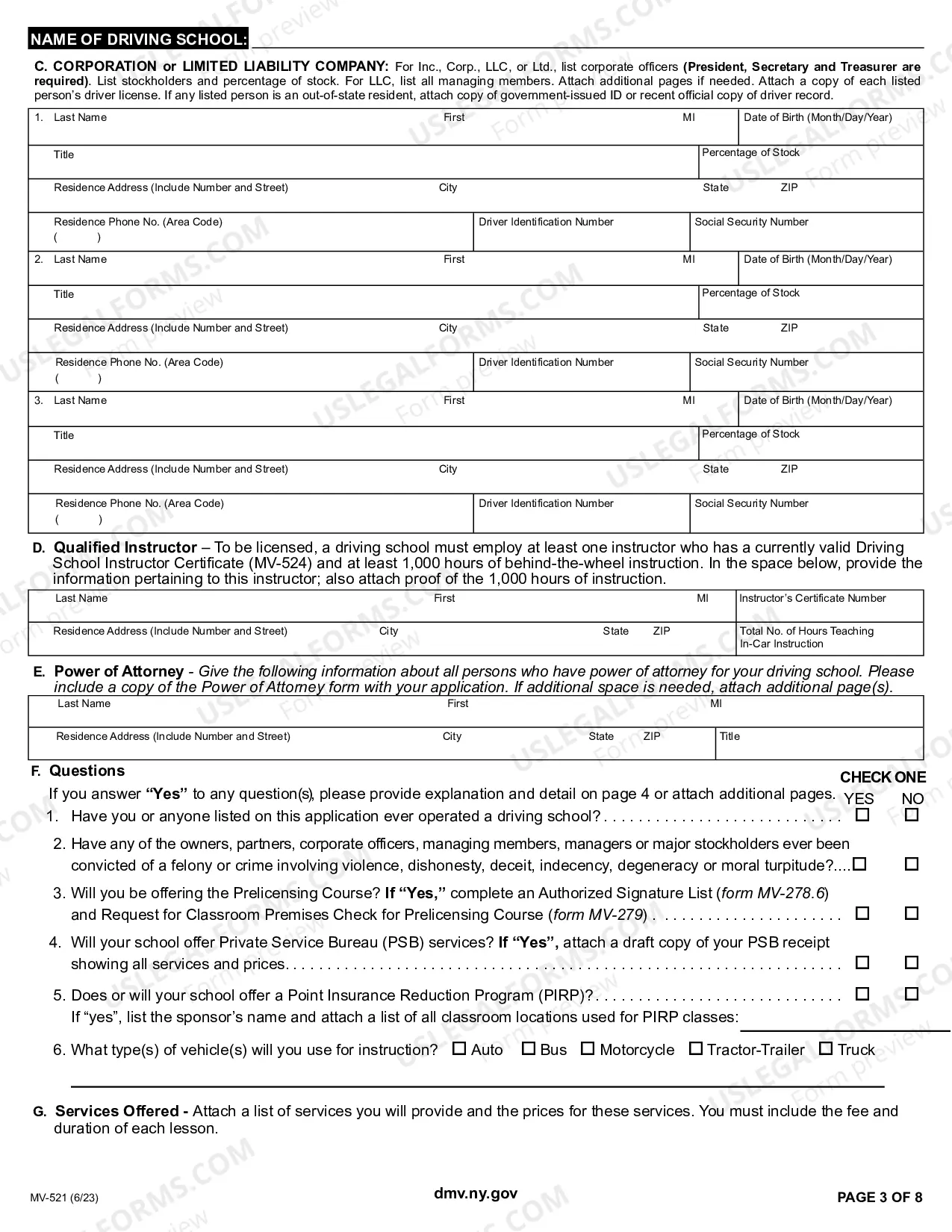 Preview Driving School License Application
