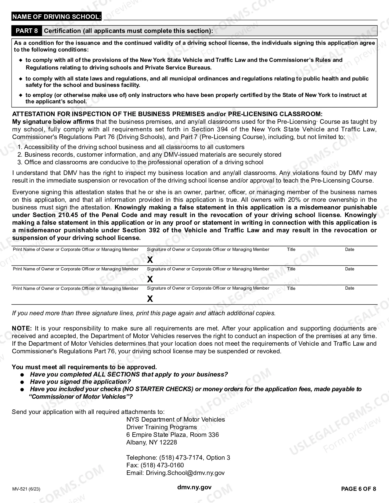 Preview Driving School License Application