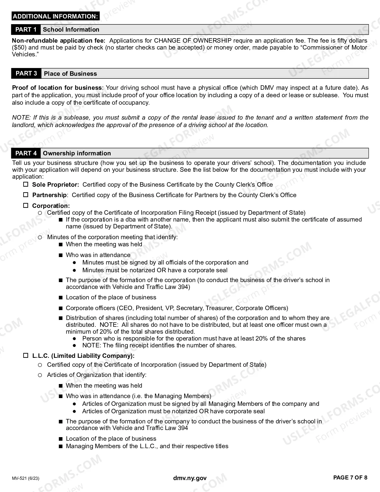 Preview Driving School License Application