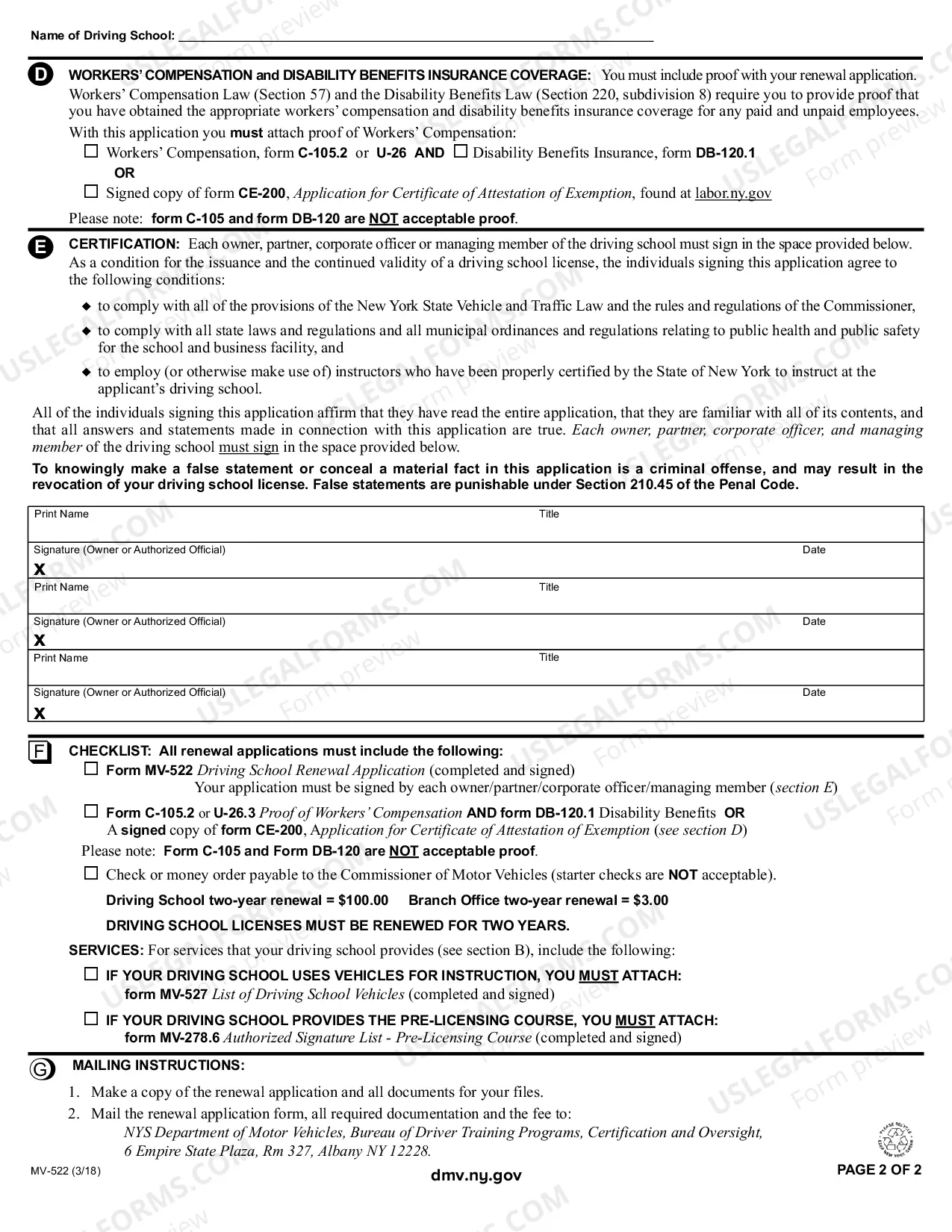 Preview Driving School Renewal Application