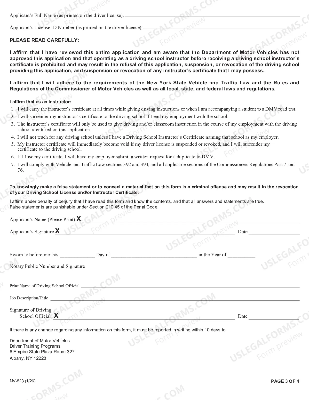 Preview Application for Driving School Instructor Certificate