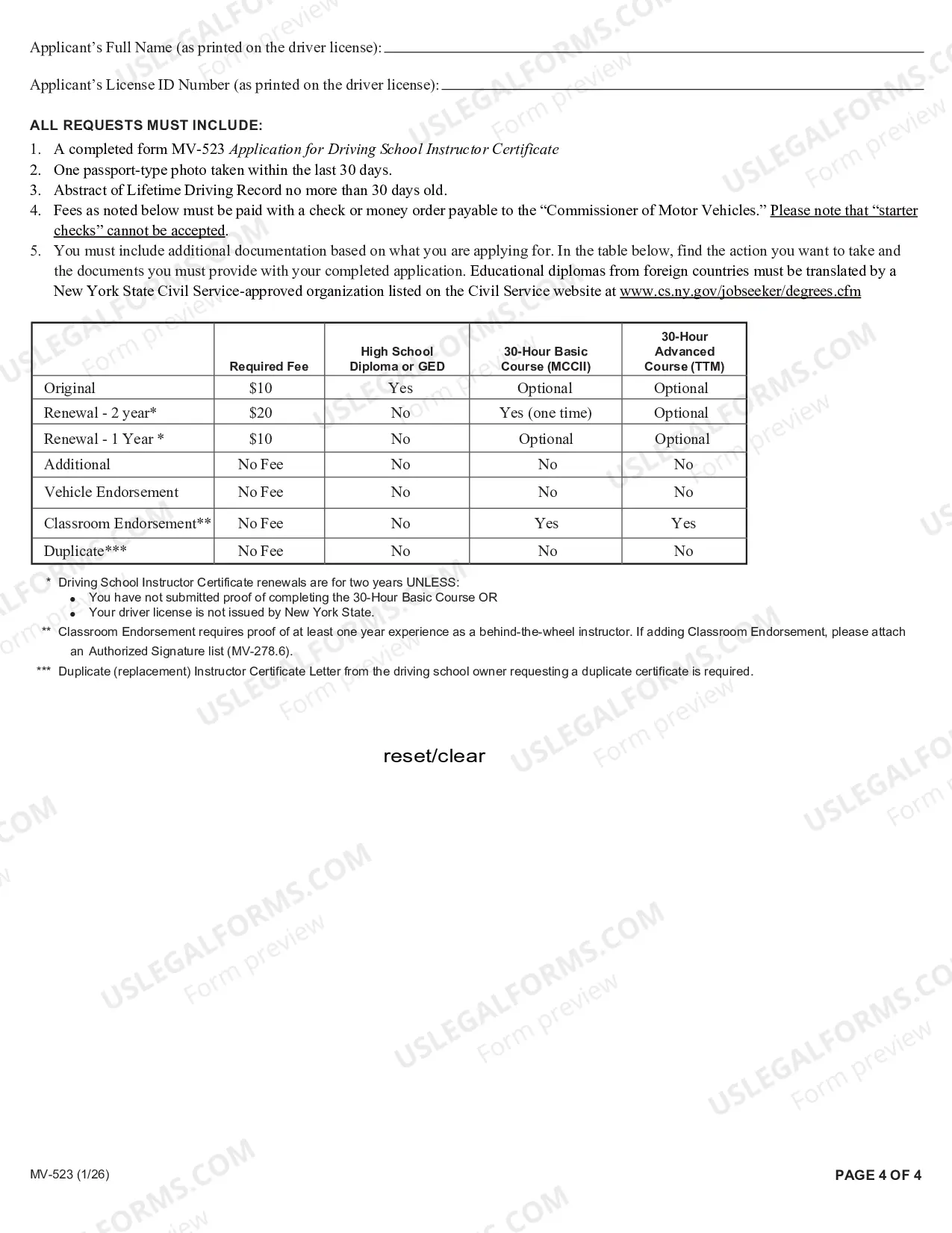 Preview Application for Driving School Instructor Certificate