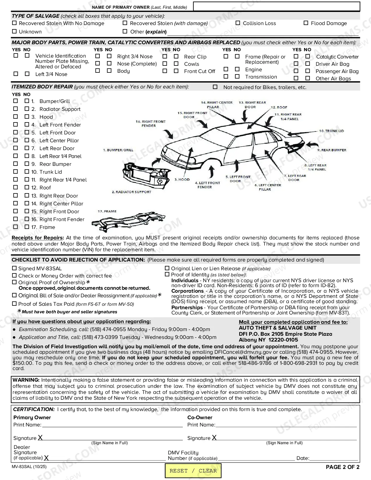 Preview Salvage Examination/Title Application
