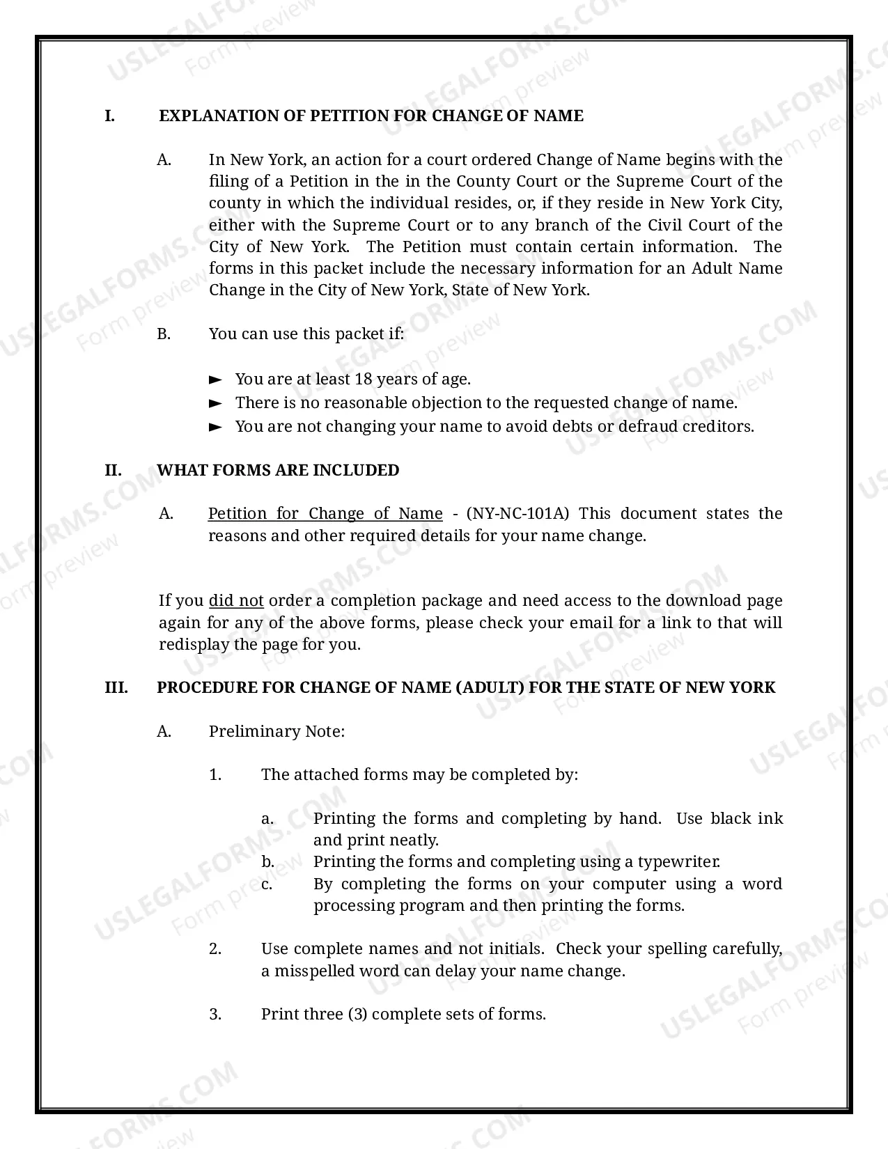 Preview New York Name Change Instructions and Forms Package for an Adult - New York City Only