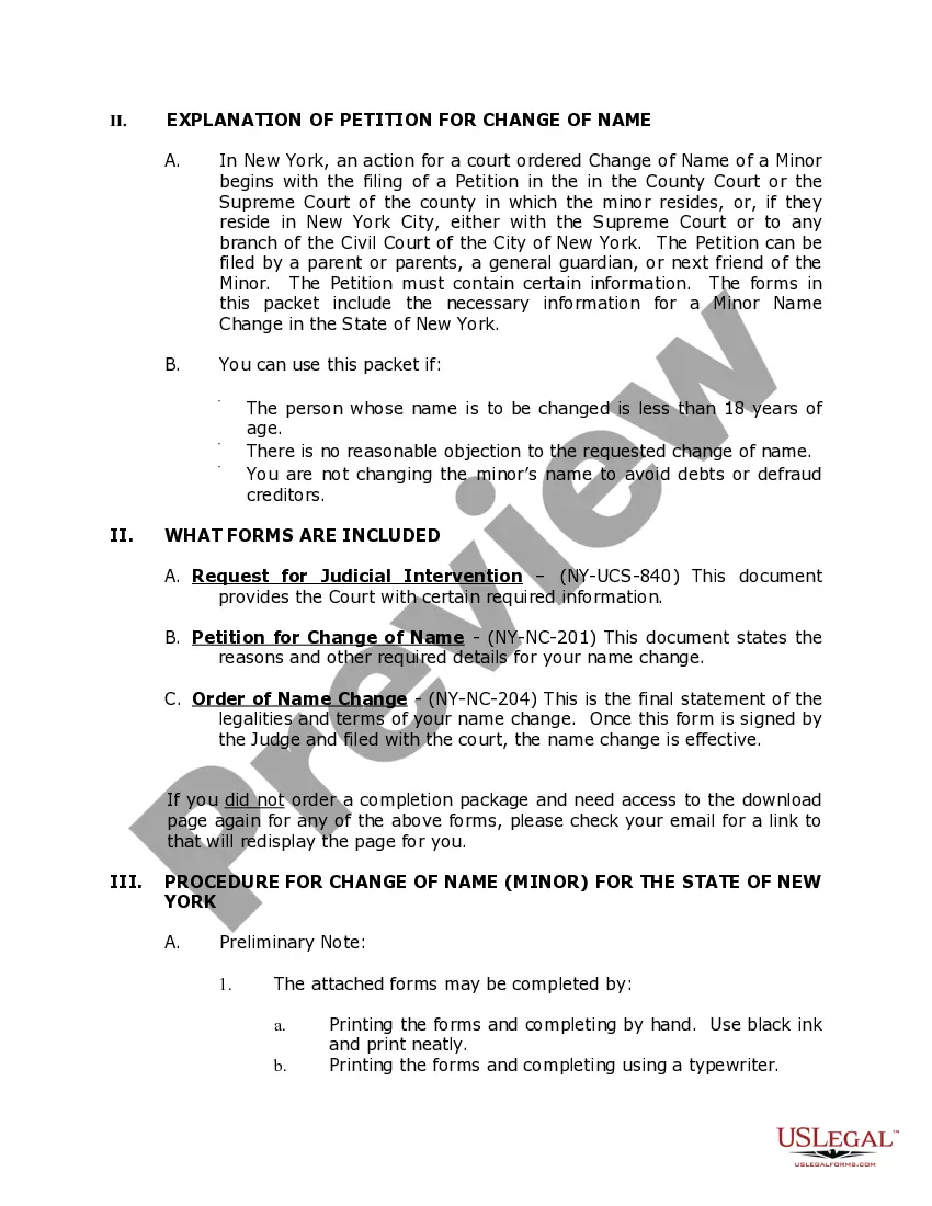 Preview New York Name Change Instructions and Forms Package for a Minor