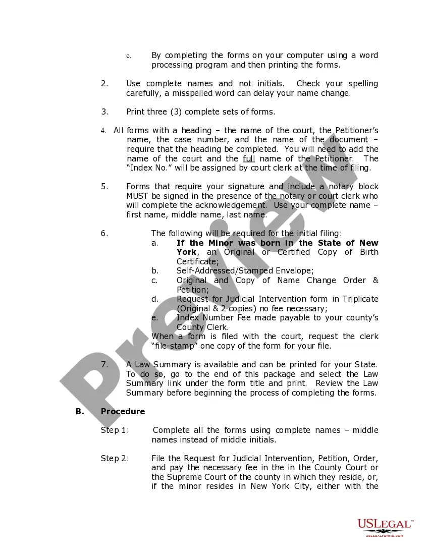 Preview New York Name Change Instructions and Forms Package for a Minor