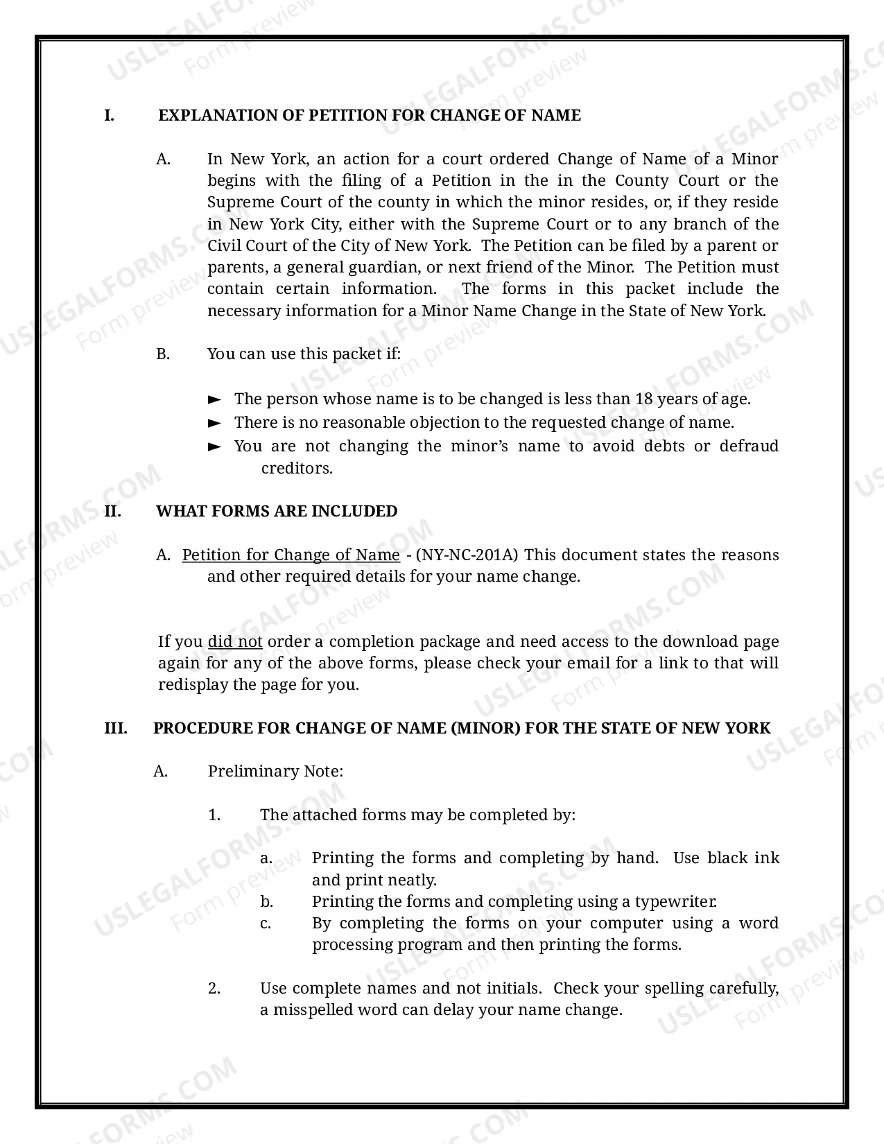 Preview New York Name Change Instructions and Forms Package for a Minor - New York City Only