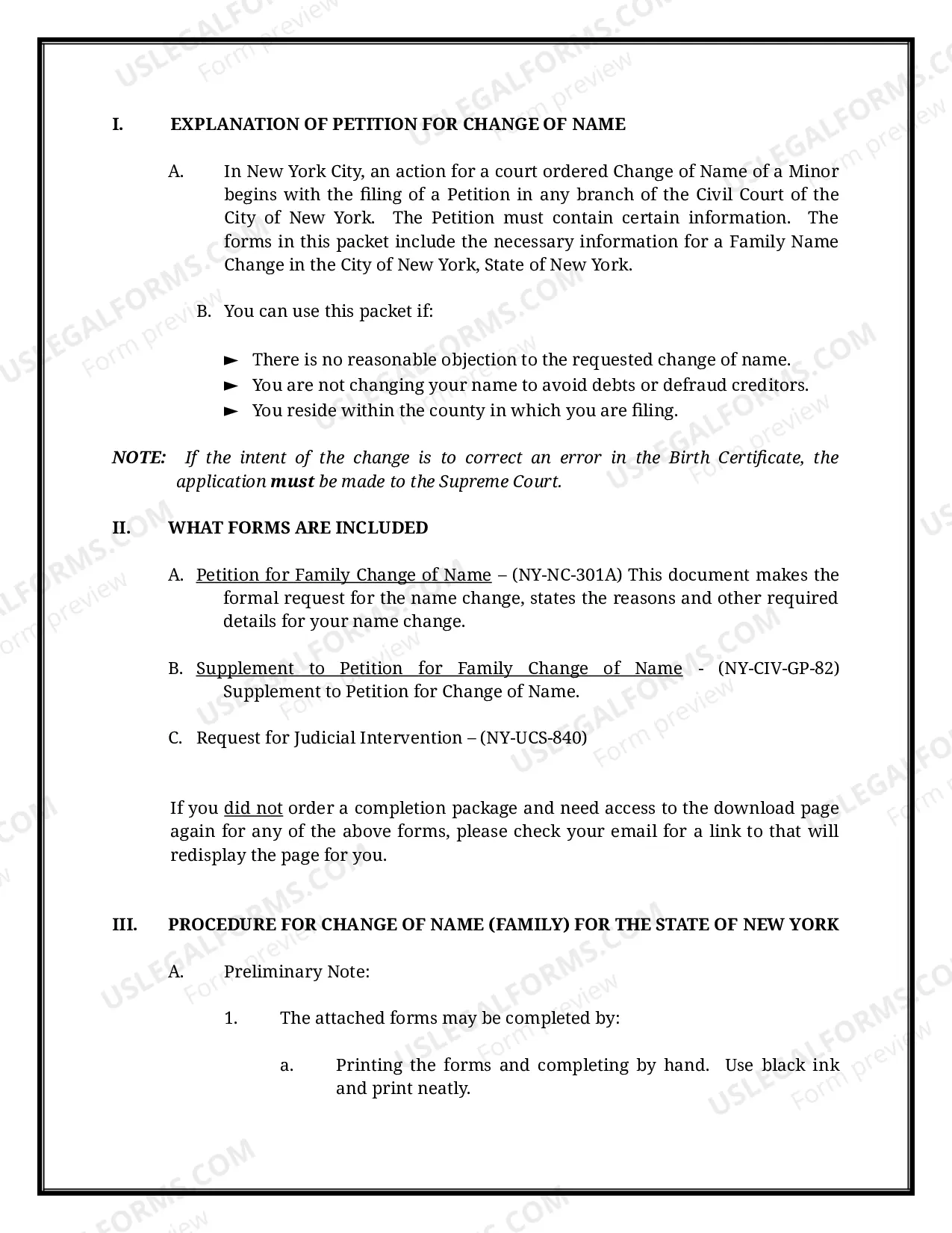 Preview New York Name Change Instructions and Forms Package for a Family with Minor Children - New York City Only
